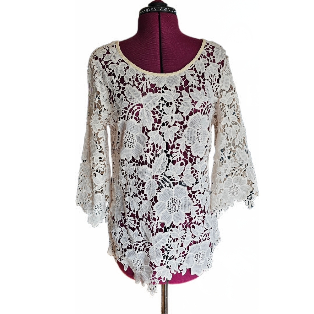 Forgotten Grace Top Large Crochet 3/4 Sleeve Cottagecore Boho Festival Dainty